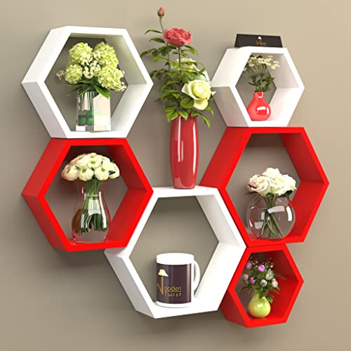 Raafi Hexagonal Shape Wooden Floating Wall Shelves (Set of 6) (Red & White) - Image 1