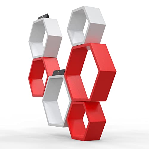 Raafi Hexagonal Shape Wooden Floating Wall Shelves (Set of 6) (Red & White) - Image 3