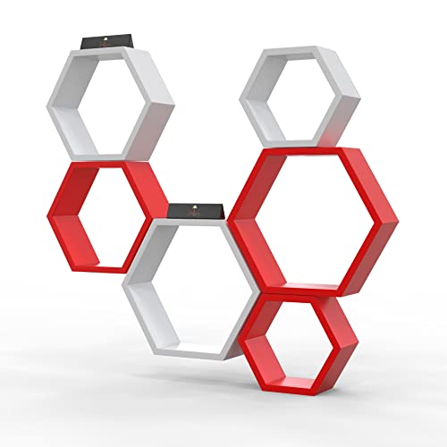 Raafi Hexagonal Shape Wooden Floating Wall Shelves (Set of 6) (Red & White) - Image 4