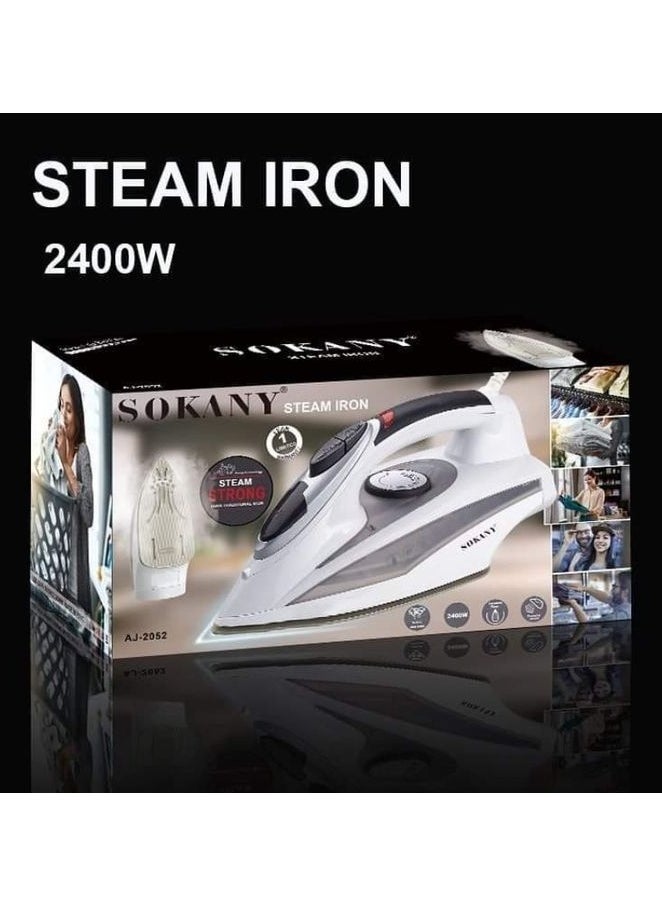 Sokany Steam Iron 2400W AJ_2052 Adjustable Temperature for All Fabrics Steam Iron with Dry Steam, Steam and Spray Functions Non-Stick Ceramic Sole Self-Cleaning Function Heating Indicator Light Adjustable Temperature Knob