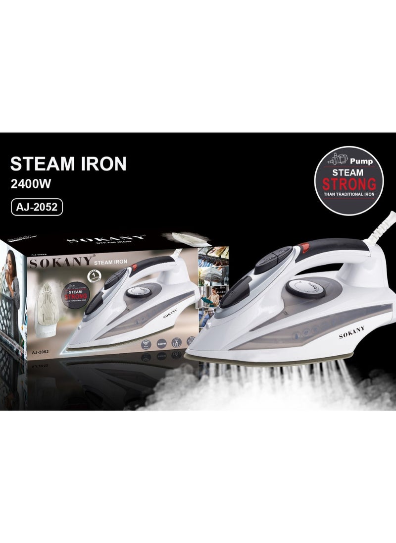 Sokany Steam Iron 2400W AJ_2052 Adjustable Temperature for All Fabrics Steam Iron with Dry Steam, Steam and Spray Functions Non-Stick Ceramic Sole Self-Cleaning Function Heating Indicator Light Adjustable Temperature Knob