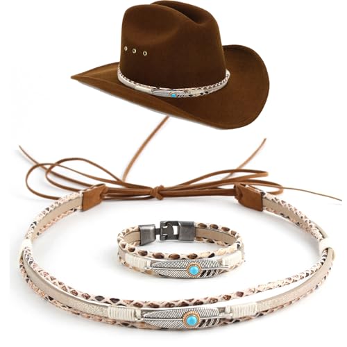 Ksheria 2 Pcs Western Hat Band with Leather Bracelet Set - Stylish & Durable PU Leather Turquoise Metal Leaf Design for Cowboy Cowgirl Hats | Replacement Strap for Fedora Panama Straw Hats (Men & Women) - Image 1