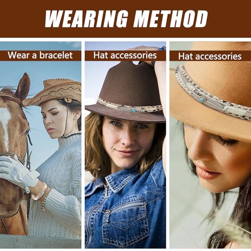 Ksheria 2 Pcs Western Hat Band with Leather Bracelet Set - Stylish & Durable PU Leather Turquoise Metal Leaf Design for Cowboy Cowgirl Hats | Replacement Strap for Fedora Panama Straw Hats (Men & Women) - Image 5