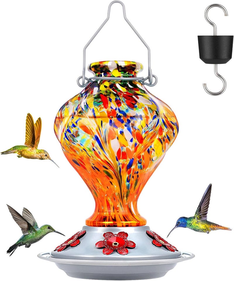 BOLITE Hummingbird Feeders, 24004O Glass Hummingbird Feeders for outdoors Hanging, Hand Blown Twisted with 5 Feeding Ports & Perch, 24 Ounces, Leak Proof, Orange - Image 1