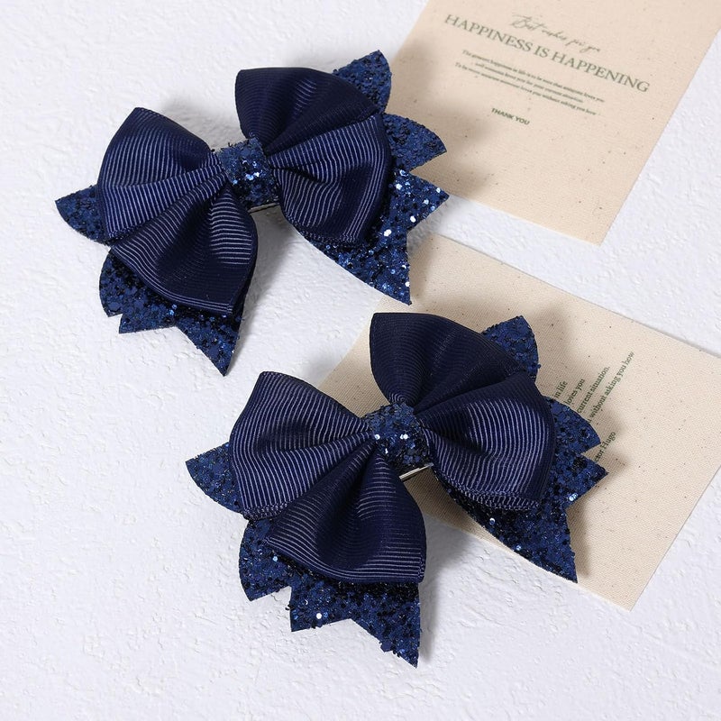 KCHIES Navy Blue Glitter Hair Bow Alligator Clips 3.5" Aesthetic Ribbon Ponytail Hair Barrettes for Toddler Teen Baby Girls School Kids Birthday Wedding Party Dress Decor Accessories 2pc - Image 2