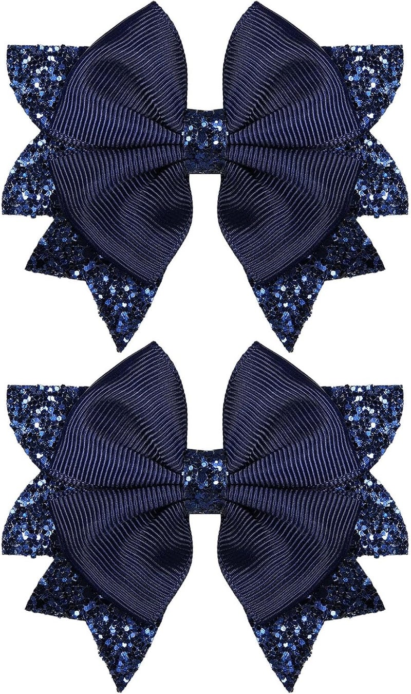 KCHIES Navy Blue Glitter Hair Bow Alligator Clips 3.5" Aesthetic Ribbon Ponytail Hair Barrettes for Toddler Teen Baby Girls School Kids Birthday Wedding Party Dress Decor Accessories 2pc - Image 1