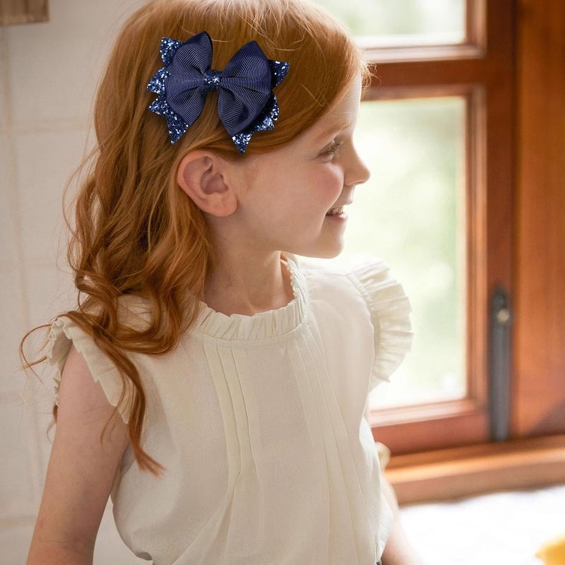 KCHIES Navy Blue Glitter Hair Bow Alligator Clips 3.5" Aesthetic Ribbon Ponytail Hair Barrettes for Toddler Teen Baby Girls School Kids Birthday Wedding Party Dress Decor Accessories 2pc - Image 4