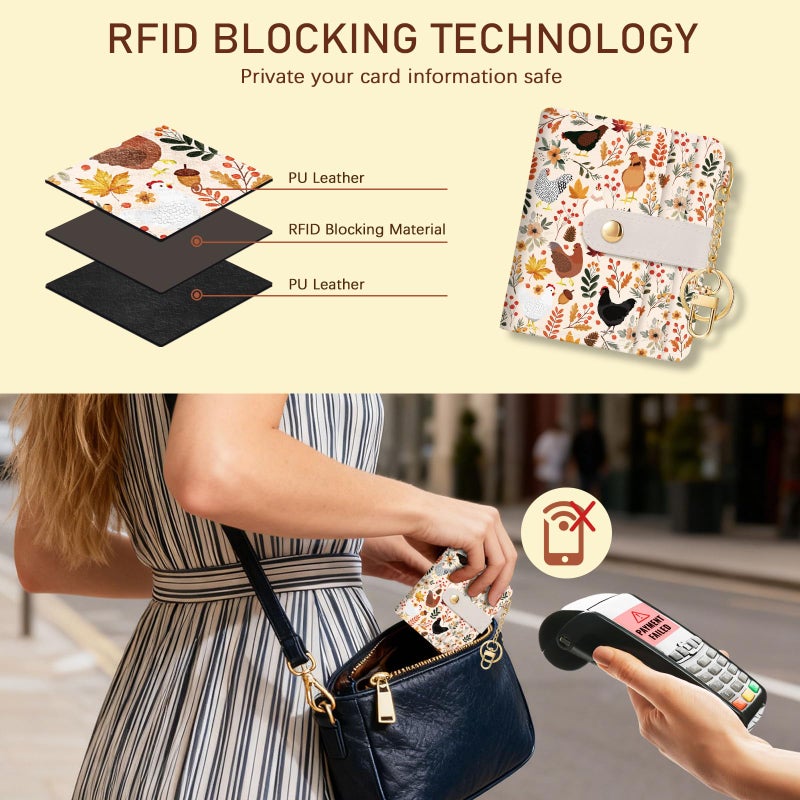 Jogjam Chicken Mushroom Leaves Rfid Women Wallet, Small Slim Thin Compact Credit Card Wallet, PU Leather Bifold Cash Wallet, Zipper Coin Pocket ID Window, Female Ladies Holiday Gifts - Image 3