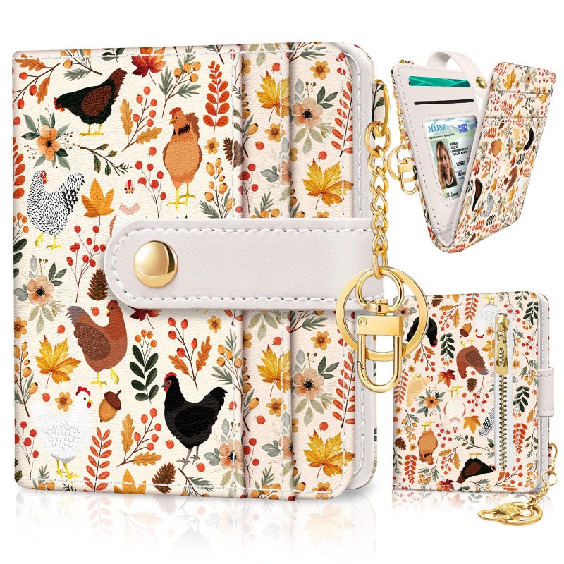 Jogjam Chicken Mushroom Leaves Rfid Women Wallet, Small Slim Thin Compact Credit Card Wallet, PU Leather Bifold Cash Wallet, Zipper Coin Pocket ID Window, Female Ladies Holiday Gifts - Image 1