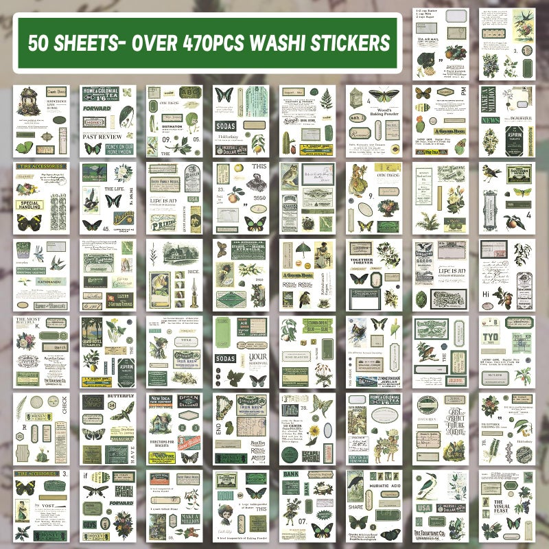 RISYPISY Green Vintage Washi Journaling Sticker Book, 476PCS Botanical Washi Tape Stickers, Scrapbooking Supplies for Junk Journal Supplies Crafts Arts, Planner, DIY Craft - Image 2