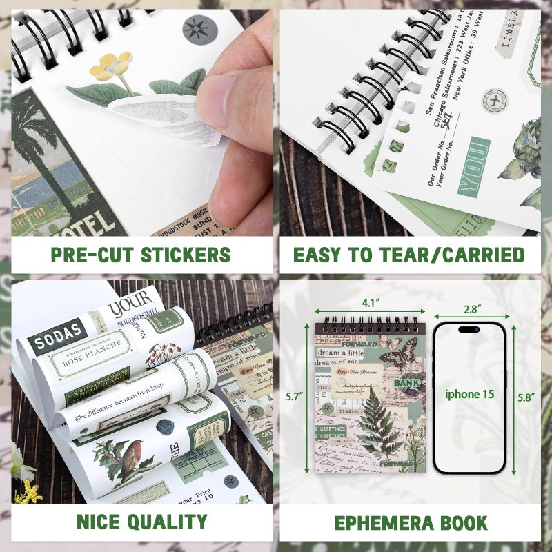 RISYPISY Green Vintage Washi Journaling Sticker Book, 476PCS Botanical Washi Tape Stickers, Scrapbooking Supplies for Junk Journal Supplies Crafts Arts, Planner, DIY Craft - Image 3