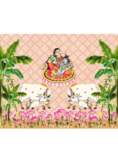 DHARA CREATION Dhara Creation Annaprasana Backdrop with Yashoda MATA and Krishna 8ft 10ft Backdrop Curtain Cloth Pooja Decoration for Festivals and Celebrations Washable Fabric  - Image 4
