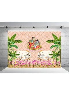 DHARA CREATION Dhara Creation Annaprasana Backdrop with Yashoda MATA and Krishna 8ft 10ft Backdrop Curtain Cloth Pooja Decoration for Festivals and Celebrations Washable Fabric  - Image 1