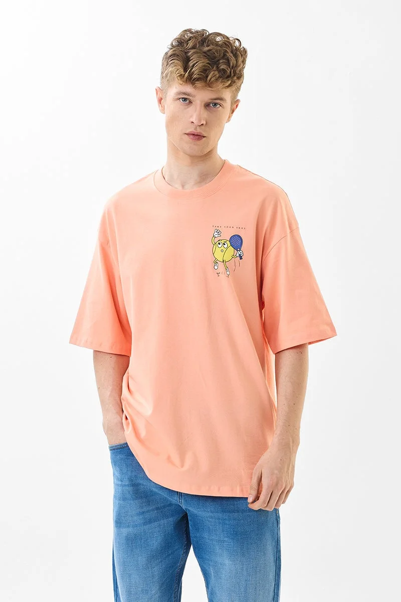 سنيتش Peach Graphic Half Sleeve Oversized T-Shirt