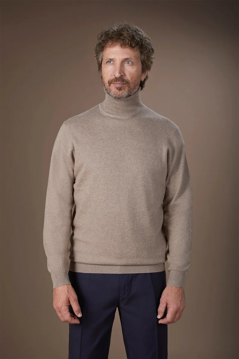 Doppelganger Men's regular fit high neck jumper in wool and cotton - Beige