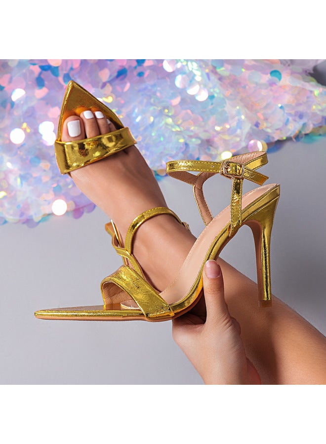 New Open-toe Pointed Toe Gold 9cm High Heel Fashion Sandals With Platform, Simple Versatile Stiletto Heels