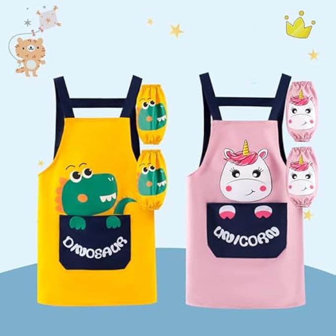 2 PACK APRONS FOR KIDS，CHILDREN'S ART SMOCK，PAINTING APRON WITH POCKETS AND SLEEVES，WATERPROOF ARTIST APRON FOR AGE 4-8 YEARS GIRLS BOYS CHILDREN PAINTING CRAFTING COOKING BAKING - Image 2