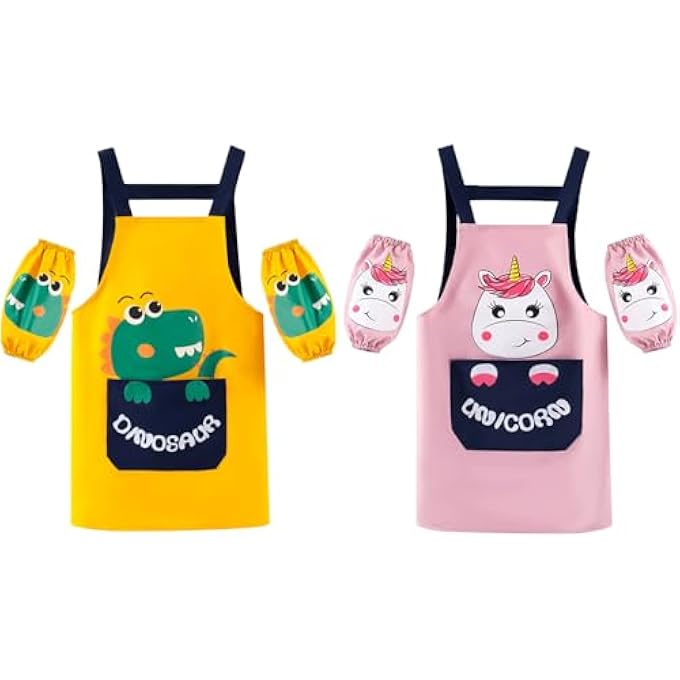 2 PACK APRONS FOR KIDS，CHILDREN'S ART SMOCK，PAINTING APRON WITH POCKETS AND SLEEVES，WATERPROOF ARTIST APRON FOR AGE 4-8 YEARS GIRLS BOYS CHILDREN PAINTING CRAFTING COOKING BAKING - Image 1