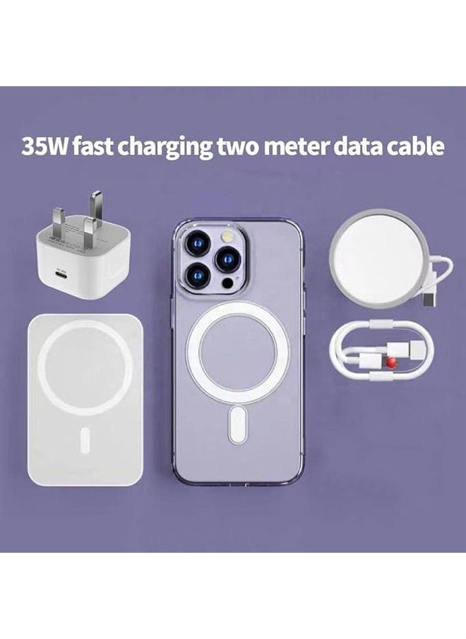 مجموعة هدايا 5 في 1 لهاتف iPhone 14/15 Series تحتوي على شاحن مغناطيسي + كابل شحن سريع PD رأس بريطاني بنك طاقة حافظة هاتف مغناطيسية.