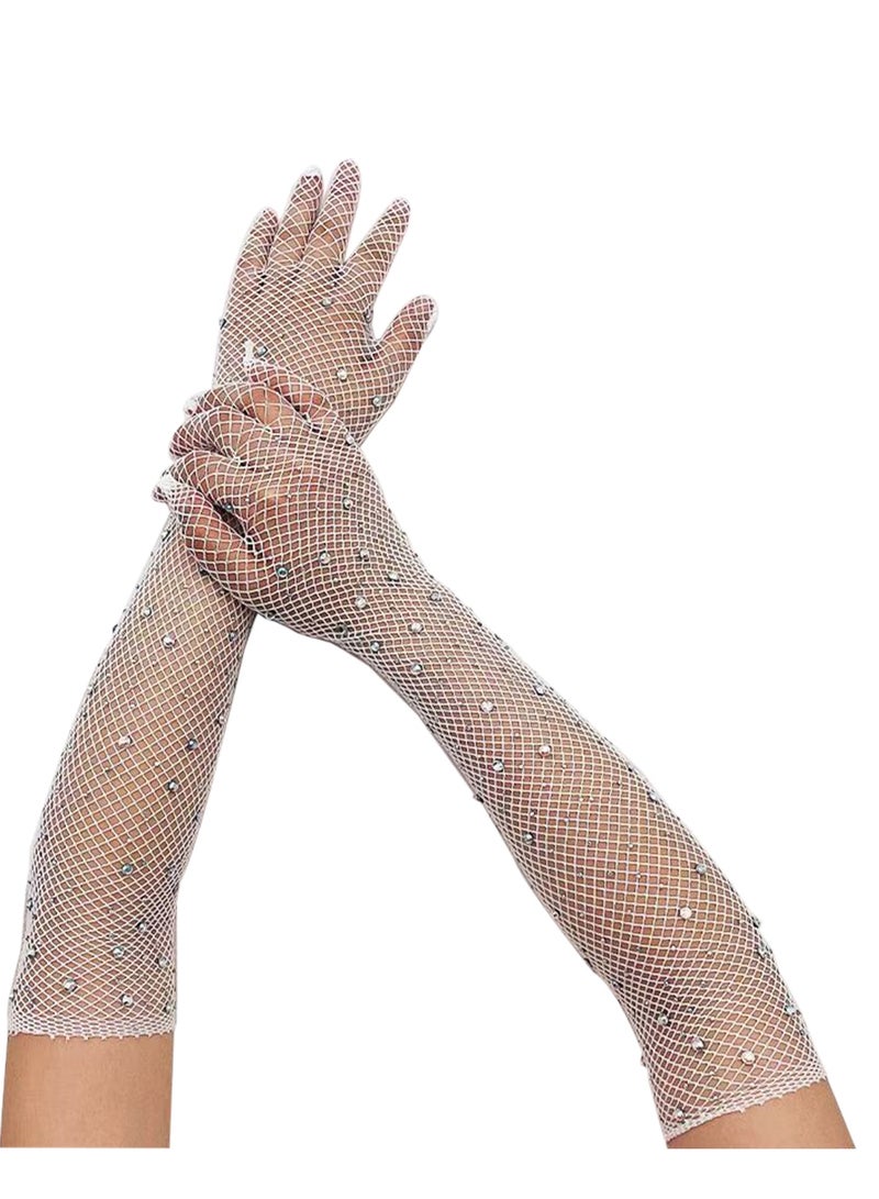 Womens Rhinestone Fishnet Long Gloves Mesh Gloves Goth Cosplay Costume Accessories（White）  - Image 1