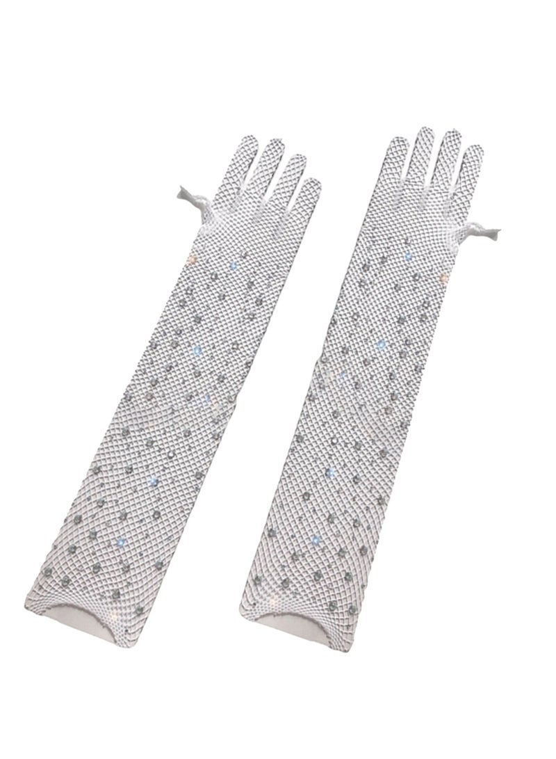 Womens Rhinestone Fishnet Long Gloves Mesh Gloves Goth Cosplay Costume Accessories（White）  - Image 2