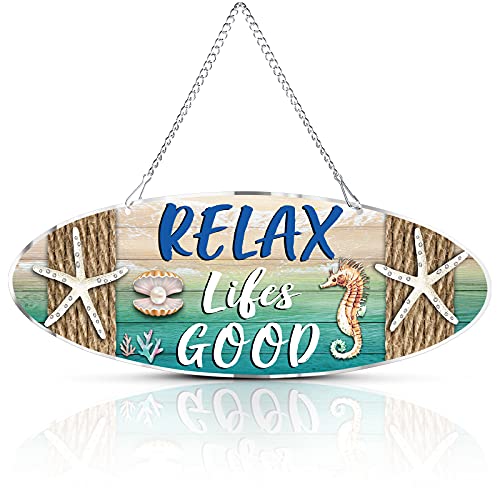 Hotop Beach Sign Decor Hanging Sea Decorations Starfish Wall Decoration Beach Plaque Door Wall Plaque Decor Sign with Seahorse and Scallop for DecorationClassic Style