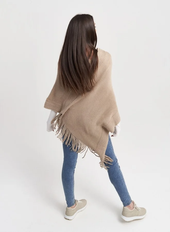 HaILYS Beige Knit Poncho with Fringe
