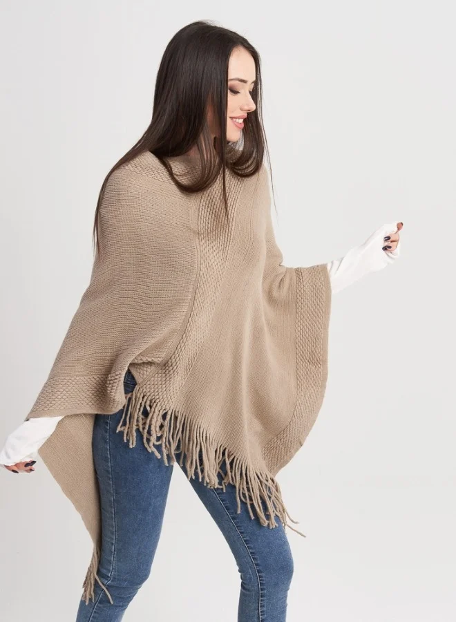 HaILYS Beige Knit Poncho with Fringe