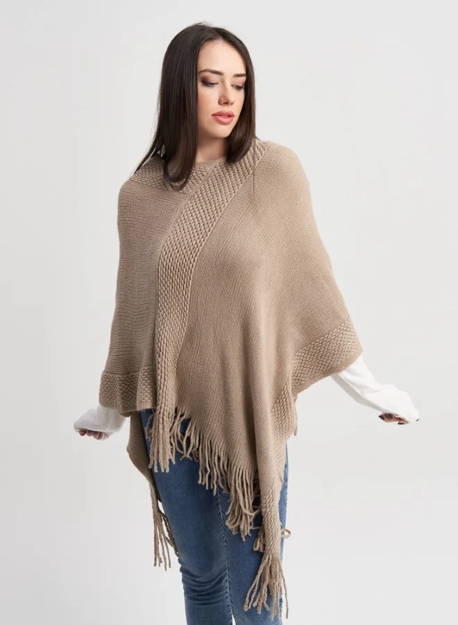 HaILYS Beige Knit Poncho with Fringe