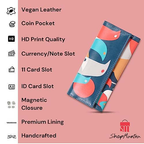 ShopMantra Faux Leather Wallet | Minimalist Tri-fold Women Purse, Snap Button Credit Card Holder & Zipper Coin Pocket | Multicolor-Flock of Birds Pattern - Image 2