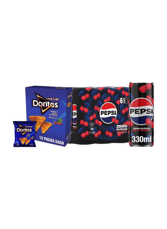 Pepsi Doritos Sweet Chili Chips 21grams Pack of 12 + Pepsi Zero Sugar Wild Cherry 6 x 330ml - Image 1