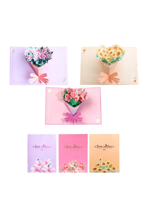 3 Pcs Thank You Card, Flowers Bouquet Pop up Cards, Thanks Cards from Daughter Son, Greeting Pop-up Card with Envelopes