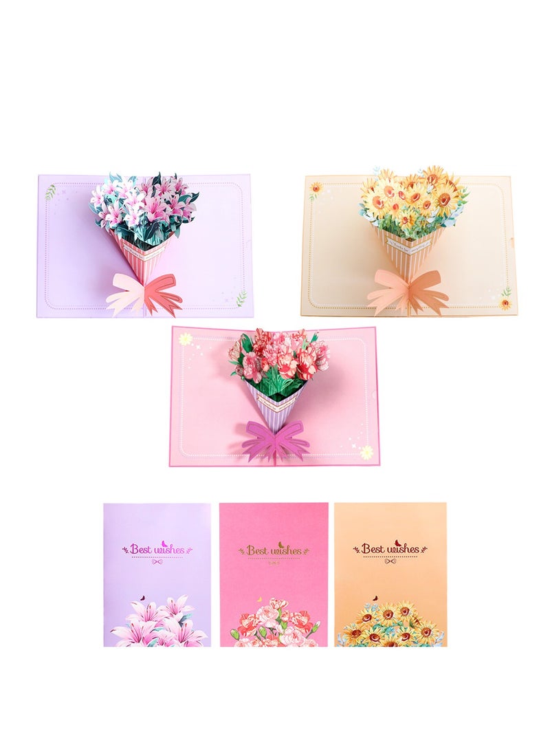 3 Pcs Thank You Card, Flowers Bouquet Pop up Cards, Thanks Cards from Daughter Son, Greeting Pop-up Card with Envelopes
