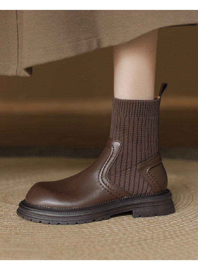 AME Fashion Slip-on Ankle Boots Women's 2025 Autumn Winter New Knitted Spliced Sock Boots Versatile Comfortable Ankle Boots - Image 1