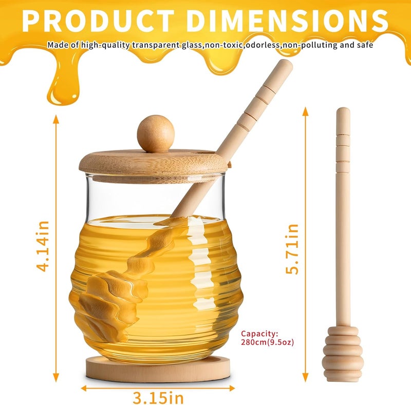 FrutPunch Glass Honey Jar with Wooden Lid, Honey Jar with Dipper & Wooden Coaster - 9.5OZ Heat Resistant Honey Pot, Wide Mouth Syrup Storage Dispenser, Glass Honey and Syrup Container for Home Kitchen - Image 2