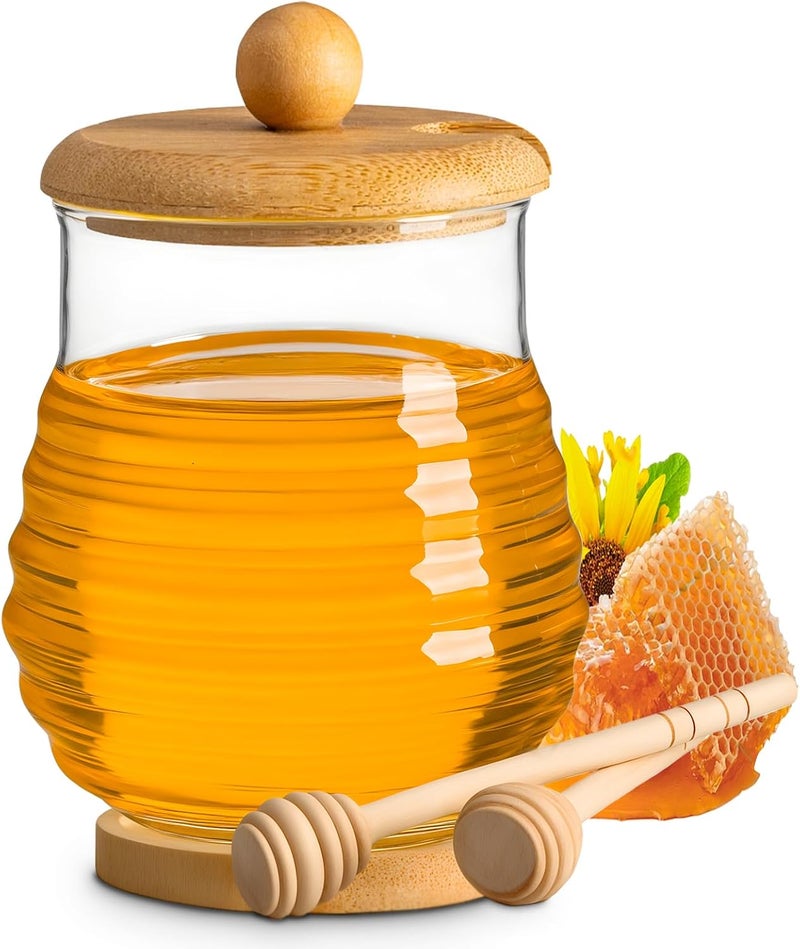 FrutPunch Glass Honey Jar with Wooden Lid, Honey Jar with Dipper & Wooden Coaster - 9.5OZ Heat Resistant Honey Pot, Wide Mouth Syrup Storage Dispenser, Glass Honey and Syrup Container for Home Kitchen - Image 1