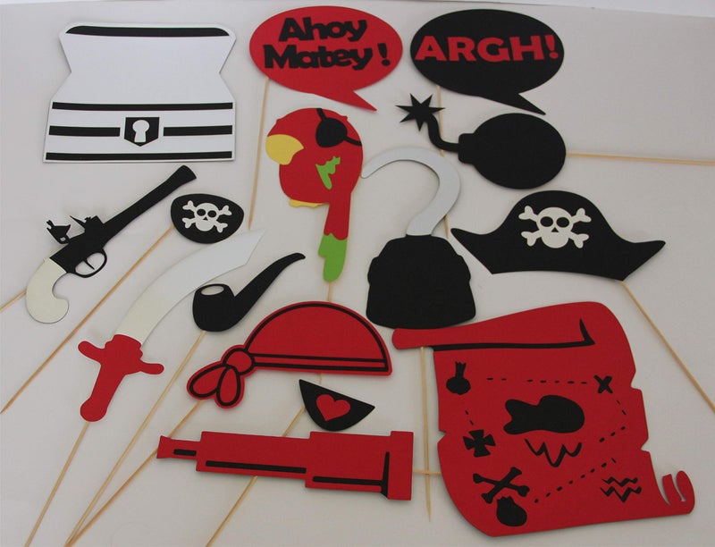 Pinfliers Pirate Themed Paper Photo Booth Props, A Set of 15, Red, Black, White and Silver - Image 1