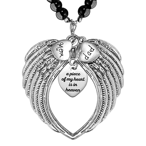 Ralukiia Silver Angel Wings A Piece of My Heart is in Heaven Rear View Mirror Car Charm, Mom Dad Angel Ornament, Sympathy Condolence Gift - Image 1