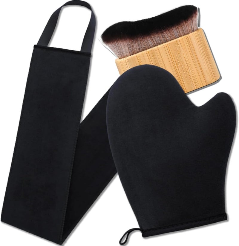 3 in 1 Black Tanning Mitt Applicator kit with Leakprooflined Fake Tan Mit Back Tanner Applicator and Tanning Brush for Body and Face Reusable Lotion Applicator for Back Tanning Mitt and Brush