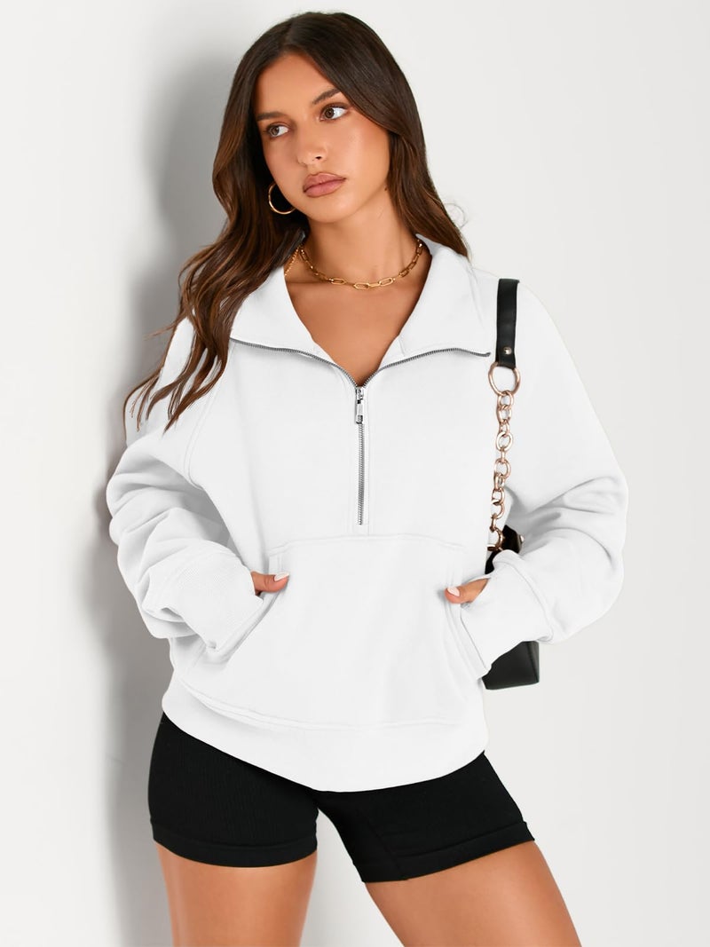 AUTOMET Womens Sweatshirts Half Zip Cropped Pullover Fleece Quarter Zipper Sweater Hoodies 2026 Fall Fashion Outfits Clothes White Medium - Image 3