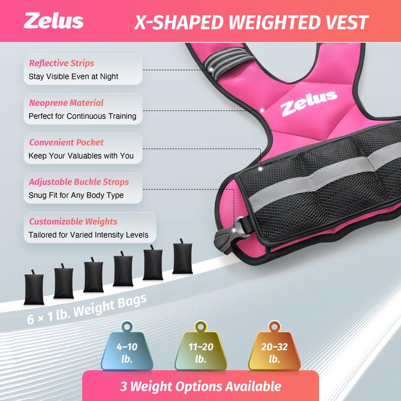 ZELUS Weighted Vest for Men and Women, Adjustable Body Weight Vest Exercise Set for Workouts, 4-10lb/11-20lb/20-32lb with 6 Ironsand Weights for Cardio Strength Training Walking Jogging, 4-10lb. Pink - Image 2