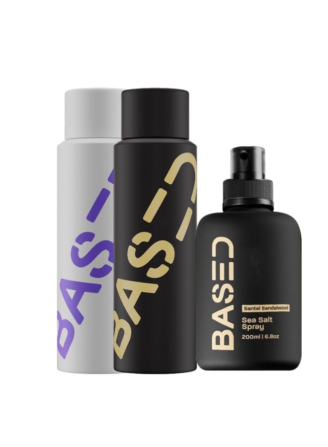 استنادا الي مجموعة شامبو وبلسم BASED BODYWORKS للرجال، ثلاث قطع: شامبو وبلسم بزيت جوز الهند والنعناع + بخاخ ملح البحر. خالٍ من الكبريتات والمواد الحافظة، يُكثّف الشعر ويُرطّبه. - Image 1