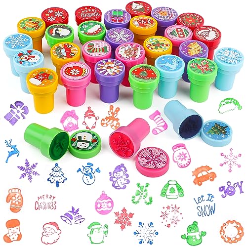 CCINEE 30PCS Christmas Stamps Bright Colored Plastic Xmas Stamp Assorted Self Ink Christmas Stampers with 30 Different Patterns Snowflake Stamp for Kids Christmas Prizes Stocking Filler Party Favor - Image 1