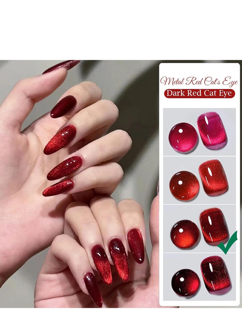 XEIJAYI Dark Red Cat Eye Gel Nail Polish Red Glitter Cat Eye Gel Polish Cherry Red Magnetic Gel Nail Polish Soak off UV/LED Holographic Cat Eye Gel Nail Polish for Nail Art Manicure Salon DIY at Home 10ml - Image 2