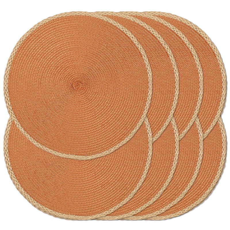 Noctiflorous Round Braided Placemats Set of 8 Table Mats 15 Inches Washable Heat Resistant for Dining Table Non-Slip Indoor Outdoor Place Mats for Thanksgiving Christmas Easter(Orange Thin Edge 8) - Image 1