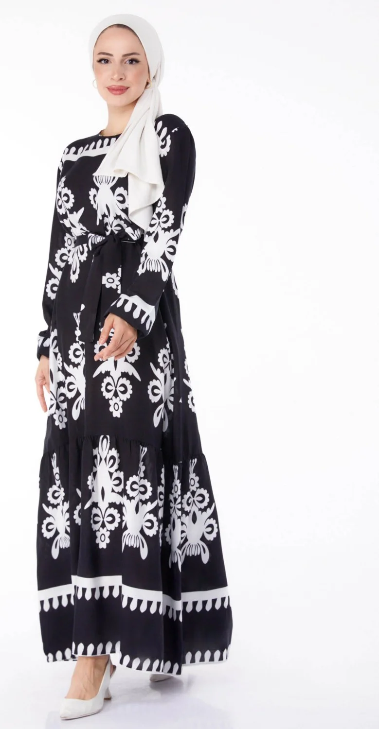 Tofisa Plain Crew Neck Women's Black Ethnic Patterned Dress - 25601