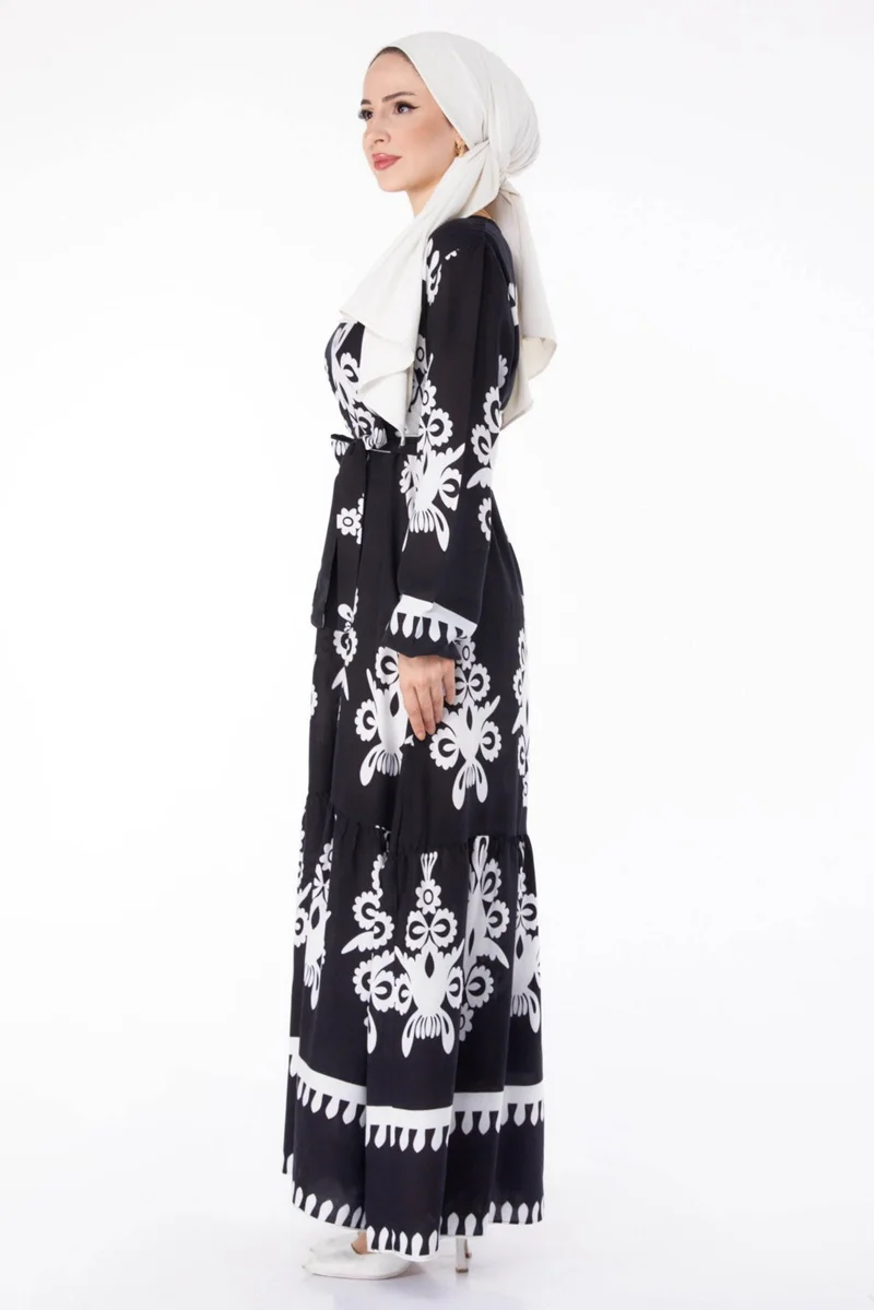 Tofisa Plain Crew Neck Women's Black Ethnic Patterned Dress - 25601