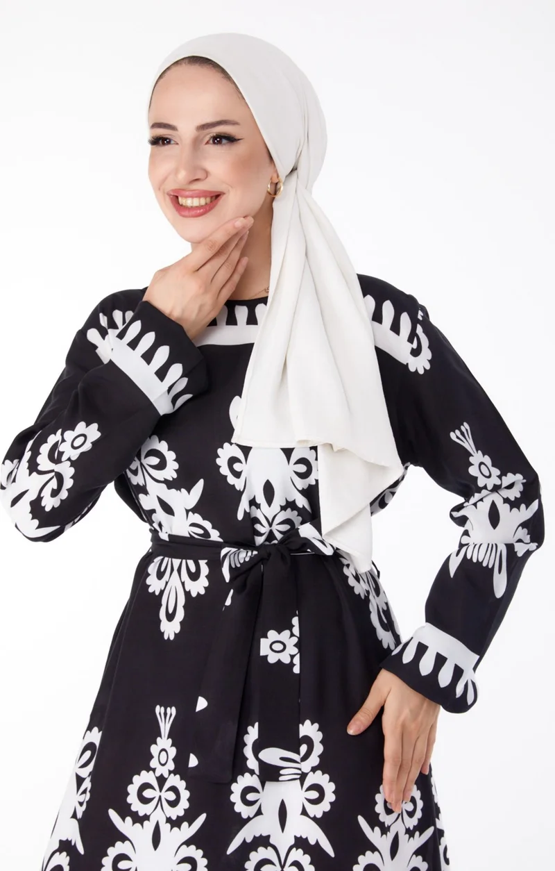 Tofisa Plain Crew Neck Women's Black Ethnic Patterned Dress - 25601