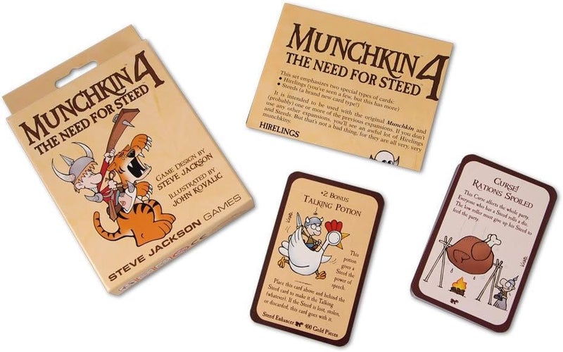 STEVE JACKSON GAMES Munchkin 4 â€“ The Need For Steed Card Game Expansion |112-Card Expansion | Adult, Kids, & Family Game | Fantasy Adventure RPG | Ages 10+ | 3-6 Players | Avg Play Time 120 Min | From Steve Jackson Games - Image 1