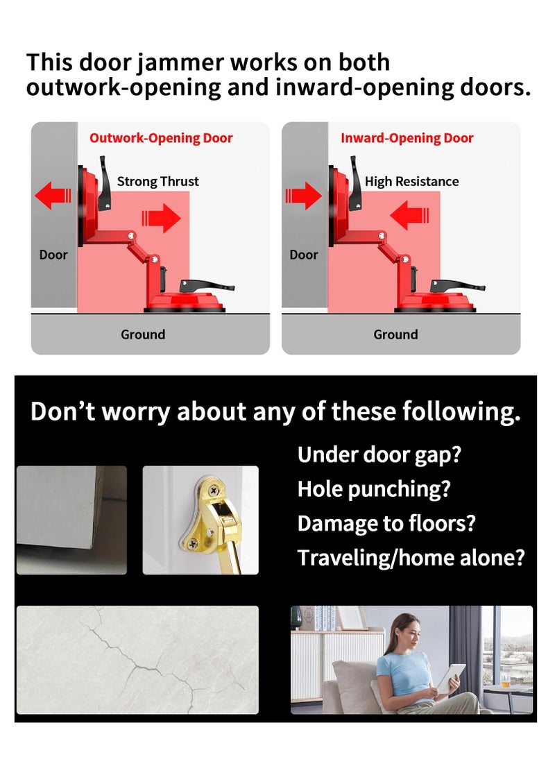 Portable Door Stopper, Security Door Jammer for Inward & Outward Opening Doors, Double Suction Cups, Anti-Theft Door Stopper, Travel for Hotel, Apartment, Women, Red Alloy - Image 2